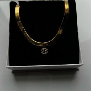 Gold Necklace “Cancer” Zodiac Pendant cubic zirconia horoscope herringbone chain
